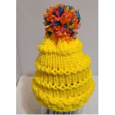 Yellow Handmade Knitted Infant Hat with Multi Color PomPom