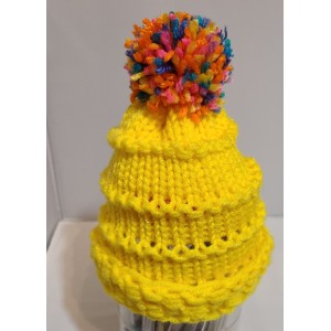 TYD-1201 : Yellow Handmade Knitted Infant Hat with Multi Color PomPom at RTD Gifts