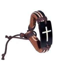 Leather Bracelet Cross Engraved Resin Charm