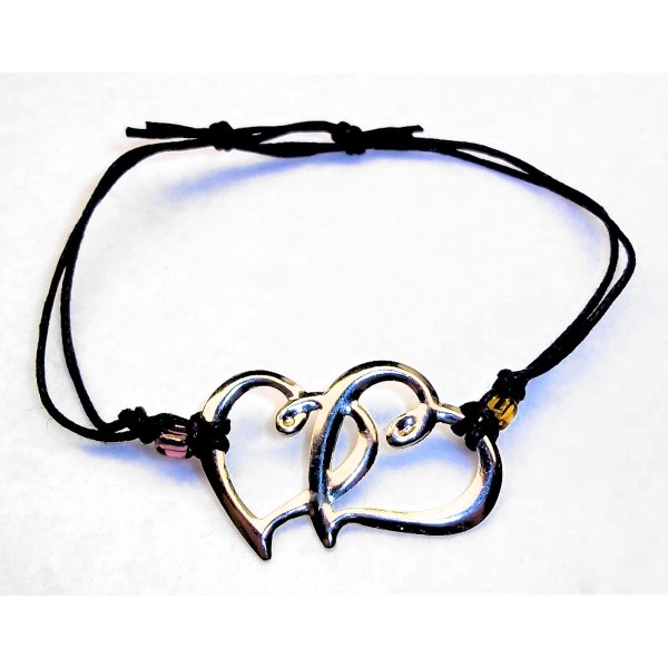 Double Heart Adjustable Bracelet Black Faux Leather Cord Colorful Seed Beads Double Heart Adjustable Bracelet Black Faux Leather Cord Colorful Seed Beads