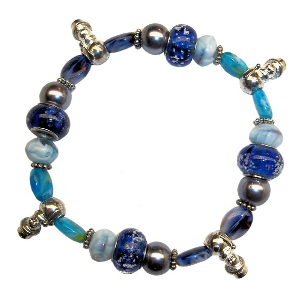 Winter Snowman Charm Bracelet Blue Lampwork Crystal Beads Stretchy Gift 10in Winter Snowman Charm Bracelet Blue Lampwork Crystal Beads Stretchy Gift 10in