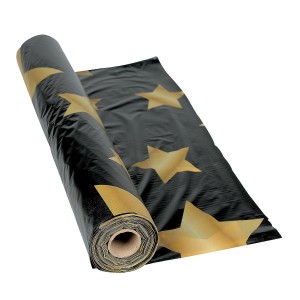 RTD-2885 : Black with Gold Stars Plastic Tablecloth 100 Foot Roll at RTD Gifts