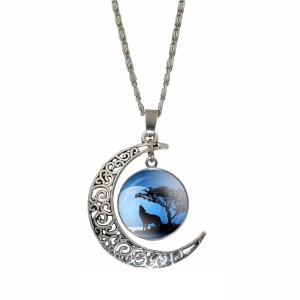 RTD-3686 : Wolf On Lakeshore Blue Dusk Pendant Crescent Moon Necklace at RTD Gifts
