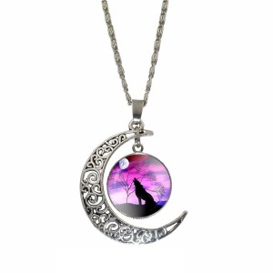 RTD-3687 : Wolf On Plains Purple Dusk Pendant Crescent Moon Necklace at RTD Gifts