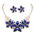 Blue Fashion Flowers Necklace and Earring Jewelry Set Blue and Gold