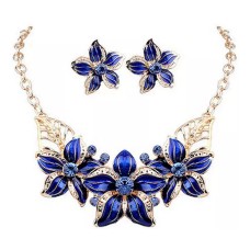 Blue Fashion Flowers Necklace and Earring Jewelry Set Blue and Gold