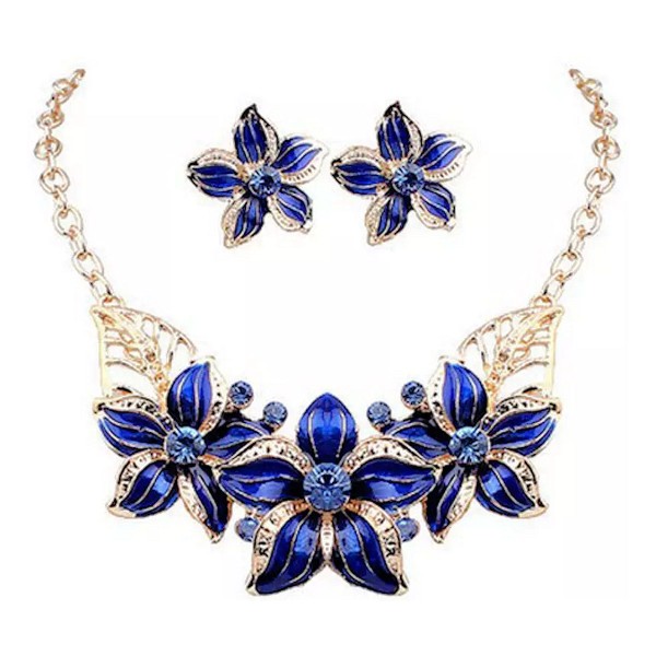 Blue Fashion Flowers Necklace and Earring Jewelry Set Blue and Gold