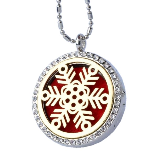 Snowflake Aromatherapy Diffuser Necklace Gold on Silver Locket with Rhinestones Snowflake Aromatherapy Diffuser Necklace Gold on Silver Locket with Rhinestones