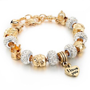 RTD-3846 : I Love You Royal Golden Charm Bracelet with Crystal Beads at RTD Gifts