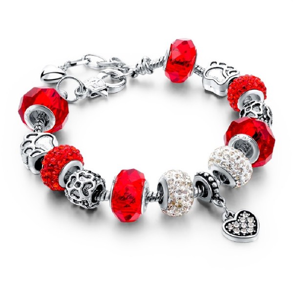 Red Crystal Charm Bracelet Paw Print Heart Murano Glass Beads Silver Chain 20cm Red Crystal Charm Bracelet Paw Print Heart Murano Glass Beads Silver Chain 20cm