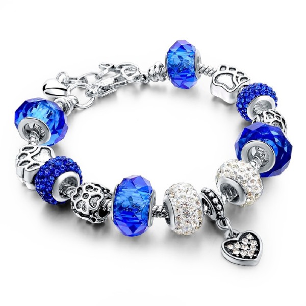 Blue Crystal Charm Bracelet Paw Print Heart Murano Glass Beads Silver Chain 20cm Blue Crystal Charm Bracelet Paw Print Heart Murano Glass Beads Silver Chain 20cm