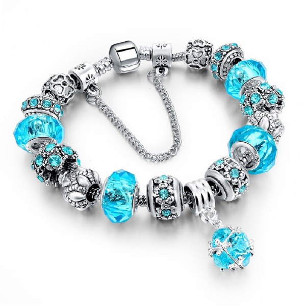 Turquoise Crystal Charm Bracelet Flower Heart Murano Glass Beads Silver 19cm Turquoise Crystal Charm Bracelet Flower Heart Murano Glass Beads Silver 19cm