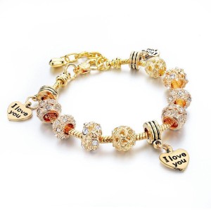 RTD-3852 : Heart 3x I Love You Golden Charm Bracelet with Crystal Beads at RTD Gifts