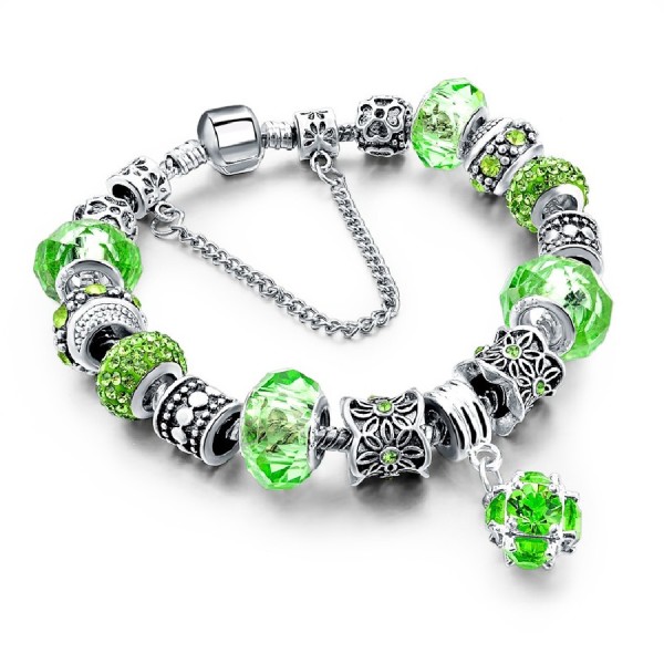 Green Crystal Charm Bracelet Flower Heart Murano Glass Beads Silver Chain 19cm Green Crystal Charm Bracelet Flower Heart Murano Glass Beads Silver Chain 19cm