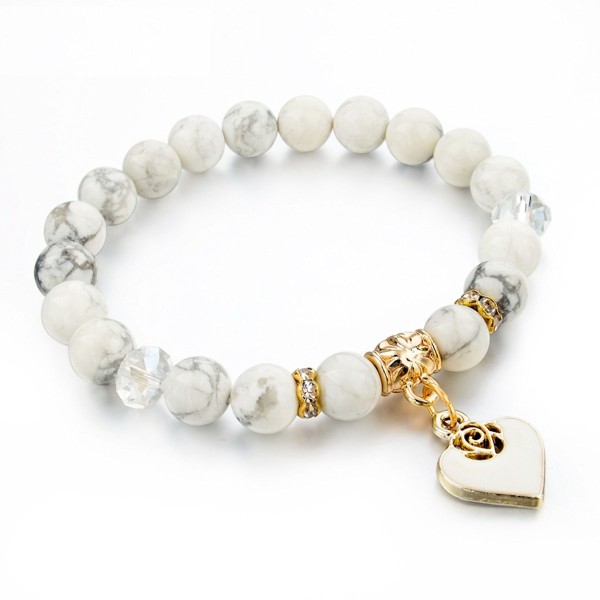 White Marble Howlite Bead Bracelet Gold Heart Charm Stretch Stone 8mm 7.5in White Marble Howlite Bead Bracelet Gold Heart Charm Stretch Stone 8mm 7.5in