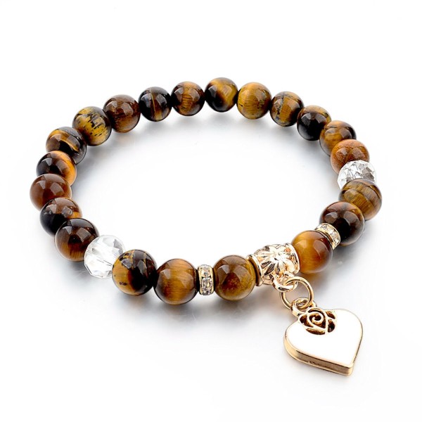 Natural Tiger Eye Stone Bead Bracelet Gold White Heart Charm Stretch 8mm 7.5in Natural Tiger Eye Stone Bead Bracelet Gold White Heart Charm Stretch 8mm 7.5in