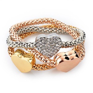 RTD-3858 : Three Heart Charm 3-Piece Set Gold Silver Fashion Bracelet at RTD Gifts