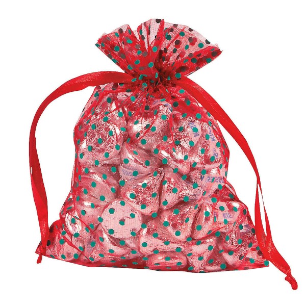 Christmas Red with Green Polka Dots Organza Drawstring Bags