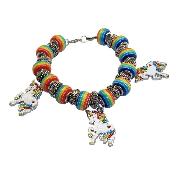 Unicorn Rainbow Charm Bracelet Snake Chain Glass Beads Girls Jewelry Gift 8in
