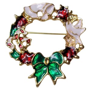 RTD-3977 : Christmas Wreath Brooch Pin w/ Dove, Flowers, Candy Canes and Bow at RTD Gifts