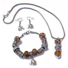 Safari Jungle Theme Necklace Bracelet Earring Set w/ Elephant Charm