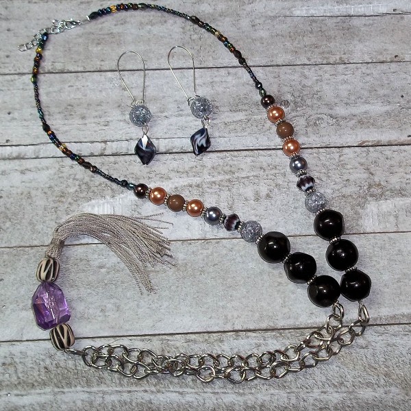 Tassel Long Beaded Chain Necklace and Earring Set