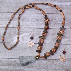 Wooden Beaded Tassel Necklace and Earrings Set