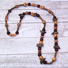 Fall Necklace with Brown Wood Beads and Frosted Glass Beads