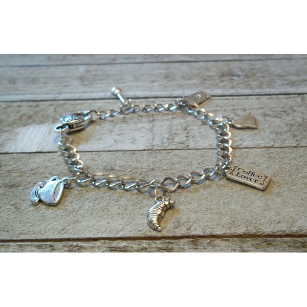 Coffee Lovers Charm Bracelet Silver Chain Heart Clasp Cup Spoon Cafe Jewelry 8in