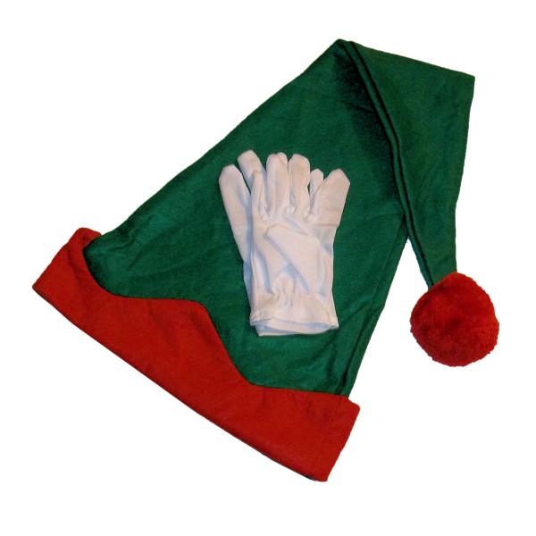 Plush Christmas Green Elf Hat White Gloves Set Santas Helper Holiday Costume New