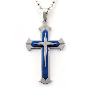 RTD-4535 : Blue Titanium Steel Cross Necklace with Stone at RTD Gifts
