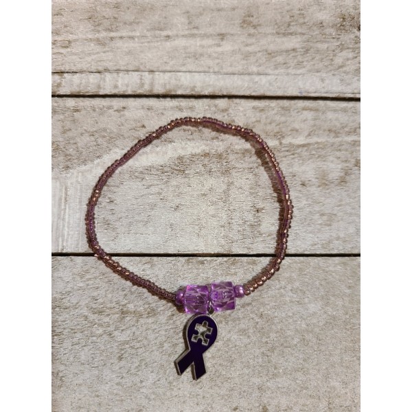Autism Awareness Purple Glass Seed Bead Stretch Bracelet 6 Inch Puzzle Ribbon Autism Awareness Purple Glass Seed Bead Stretch Bracelet 6 Inch Puzzle Ribbon