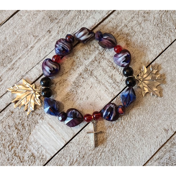 Silver Cross Charm Bracelet Purple Heart Leaf Beaded Stretchy Gift Jewelry