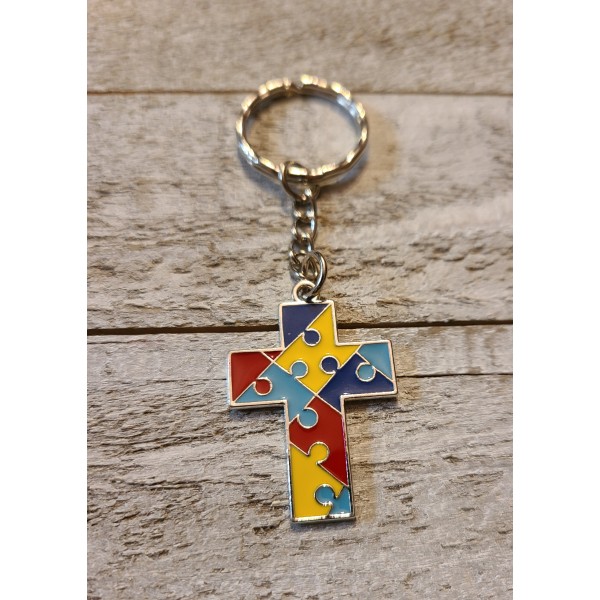 Autism Puzzle Piece Cross Charm Keychain