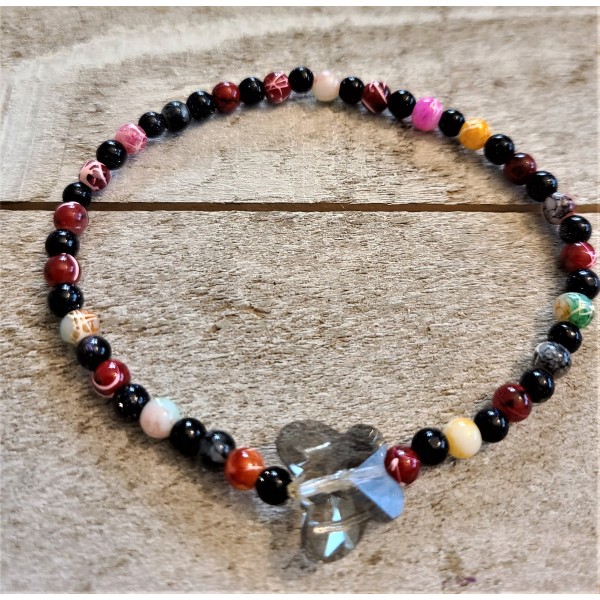 Handmade Glass Beaded Bracelet Black Stardust Marbled Tiny Beads Butterfly Charm